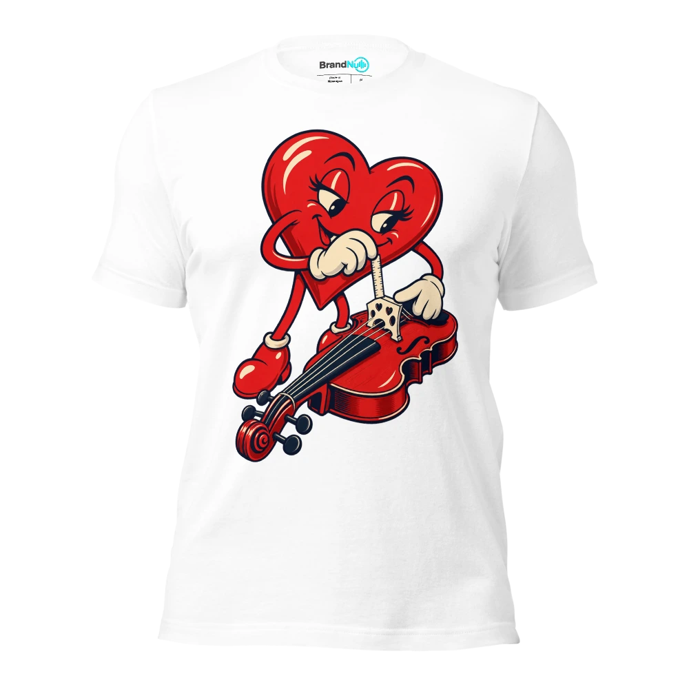 Heart mascot measuring a violin bridge with a tiny ruler T Shirt White Front