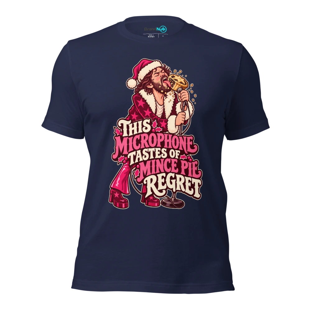 THIS MICROPHONE TASTES OF MINCE PIE REGRET T Shirt Navy Front