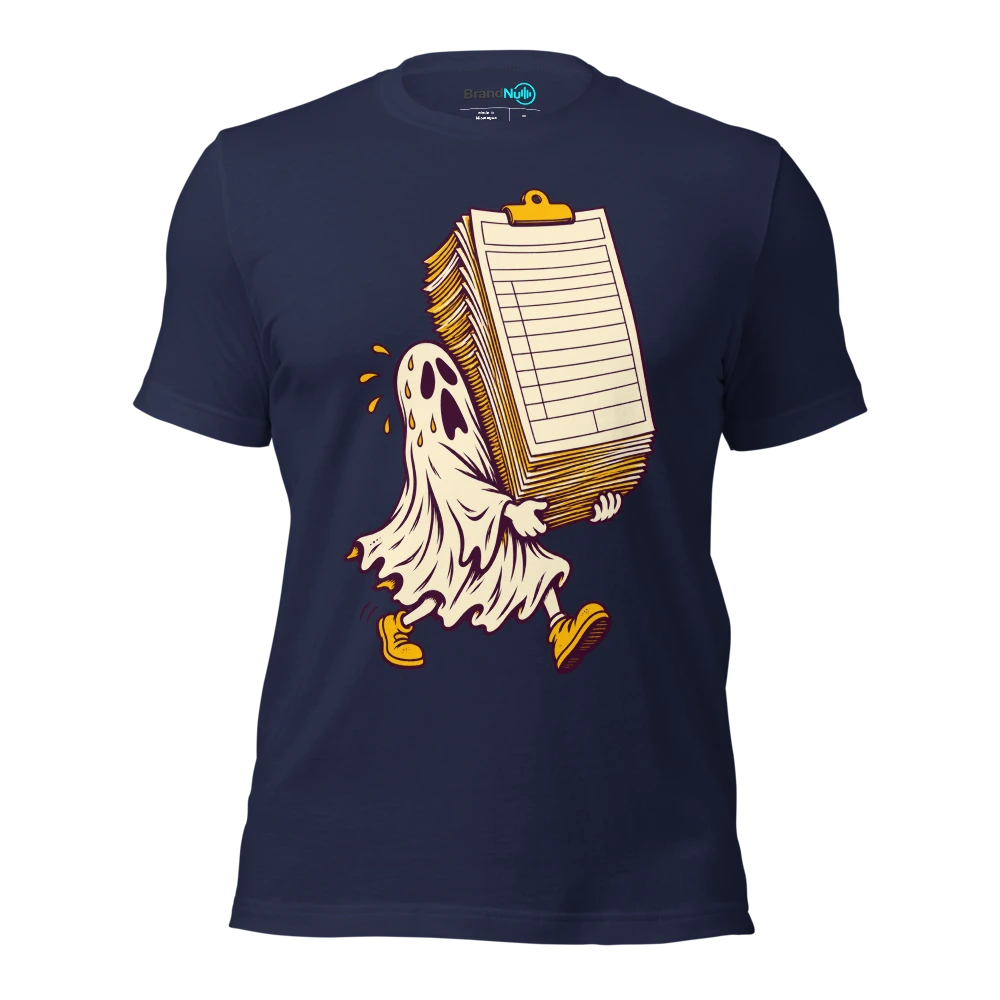 Ghost carrying an enormous blank instrument insurance form T Shirt Navy Front