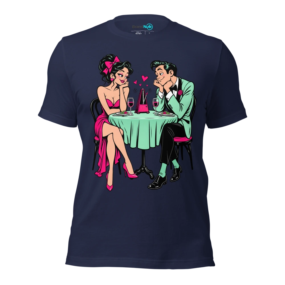Couple watching a tiny metronome over dinner T Shirt Navy Front