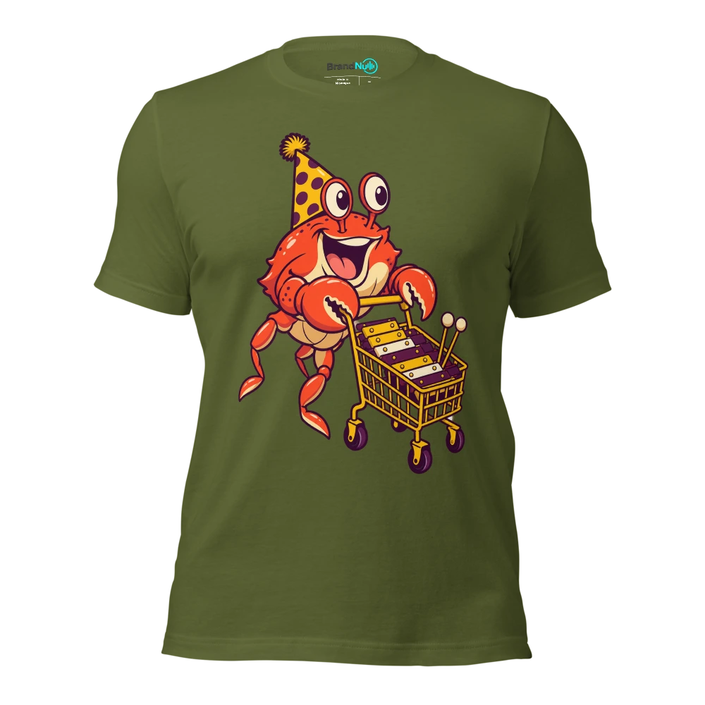 Birthday crab carrying a glockenspiel on a tiny shopping trolley T Shirt Olive Front