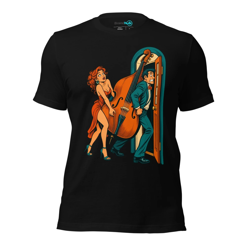 Couple trying to carry a double bass through a tiny restaurant door T Shirt Black Front