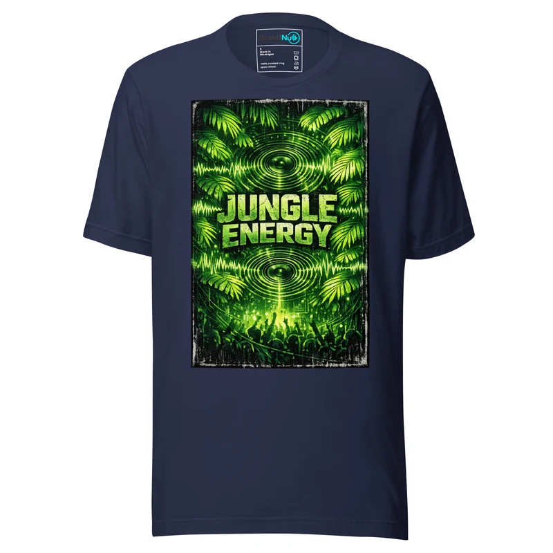 Jungle Energy Drum and Bass T Shirt DnB Rave Jungle Graphic Green Screen - Navy