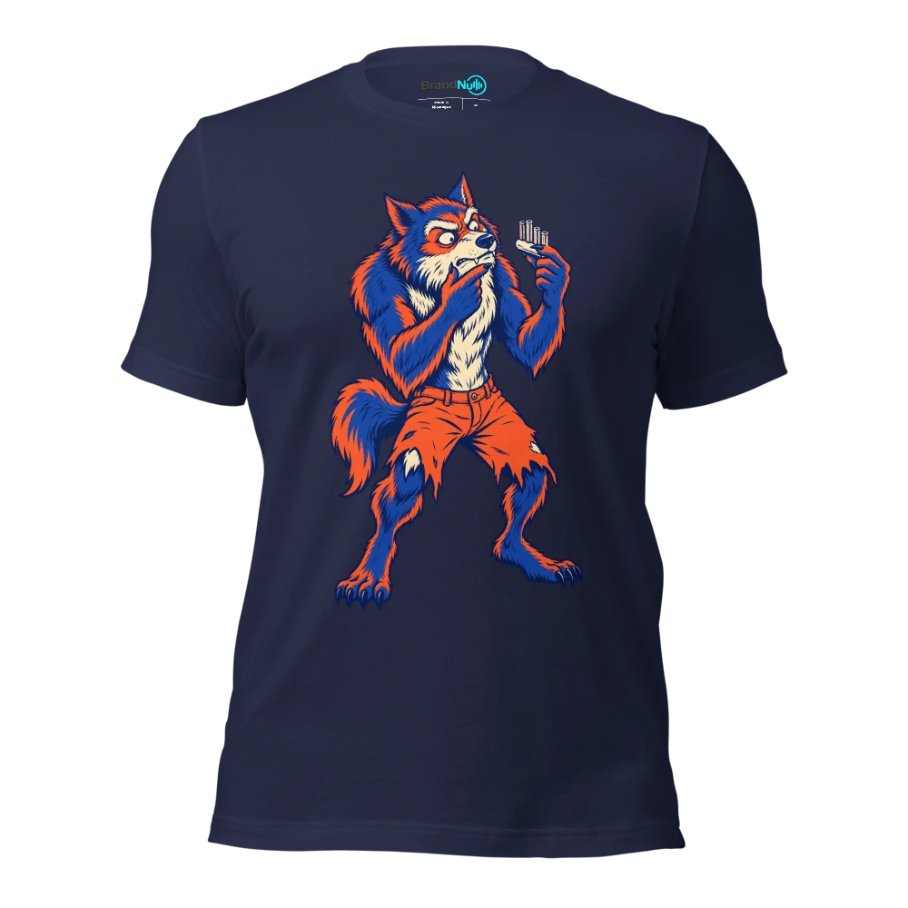 Werewolf studying a pitch pipe as if it is a dog whistle T Shirt Navy Front