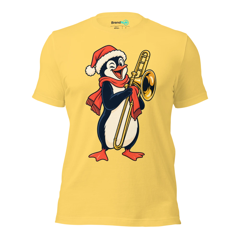 A penguin polishing a brass trombone with a scarf T Shirt Yellow Front