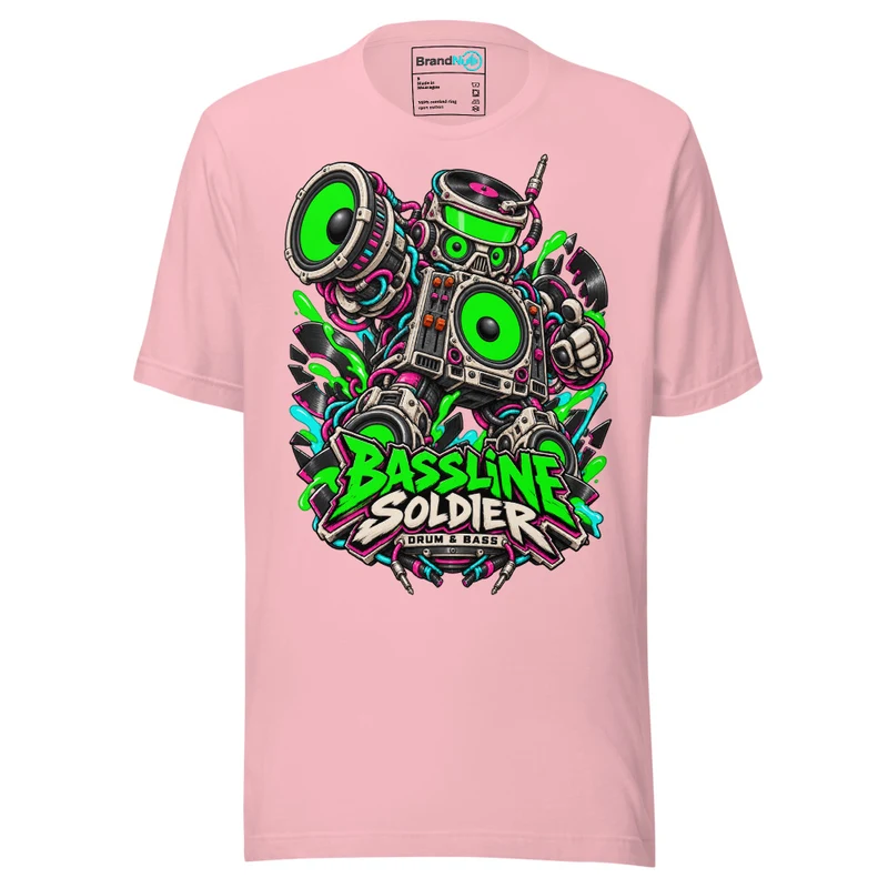 Bassline Soldier Drum and Bass T Shirt DnB Warning Graphic Green Screen - Pink