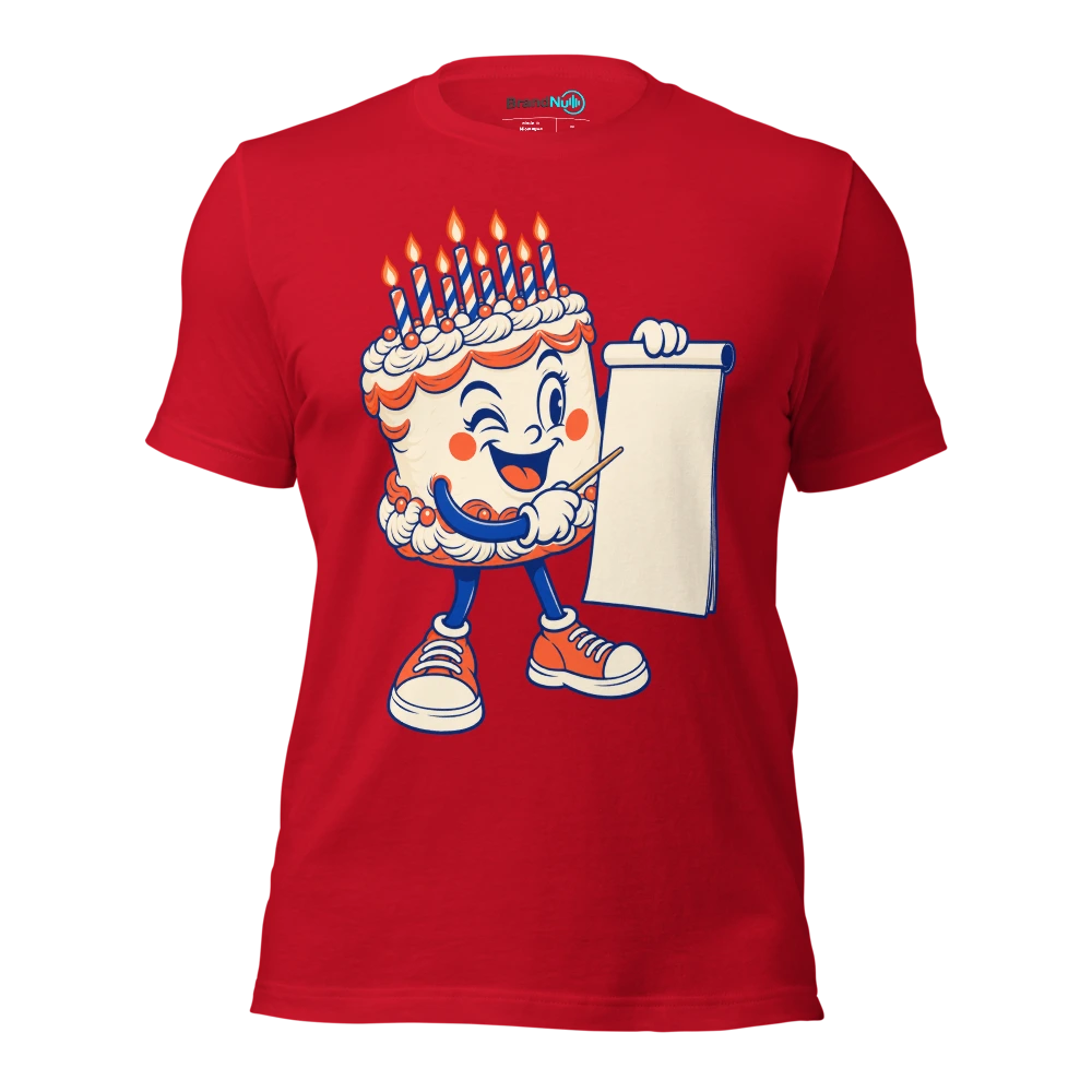 Cake mascot holding a tiny wooden baton and a blank chart T Shirt Red Front