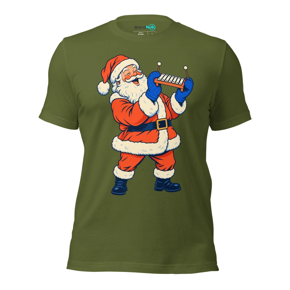 Santa lifting a tiny glockenspiel with oven gloves T Shirt Olive Front