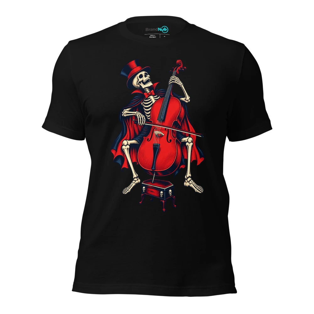 Skeleton balancing a cello on a tiny coffin stool T Shirt Black Front
