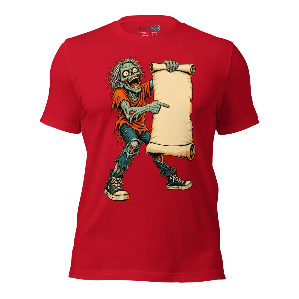 Zombie offering a blank encore request on a giant scroll T Shirt Red Front