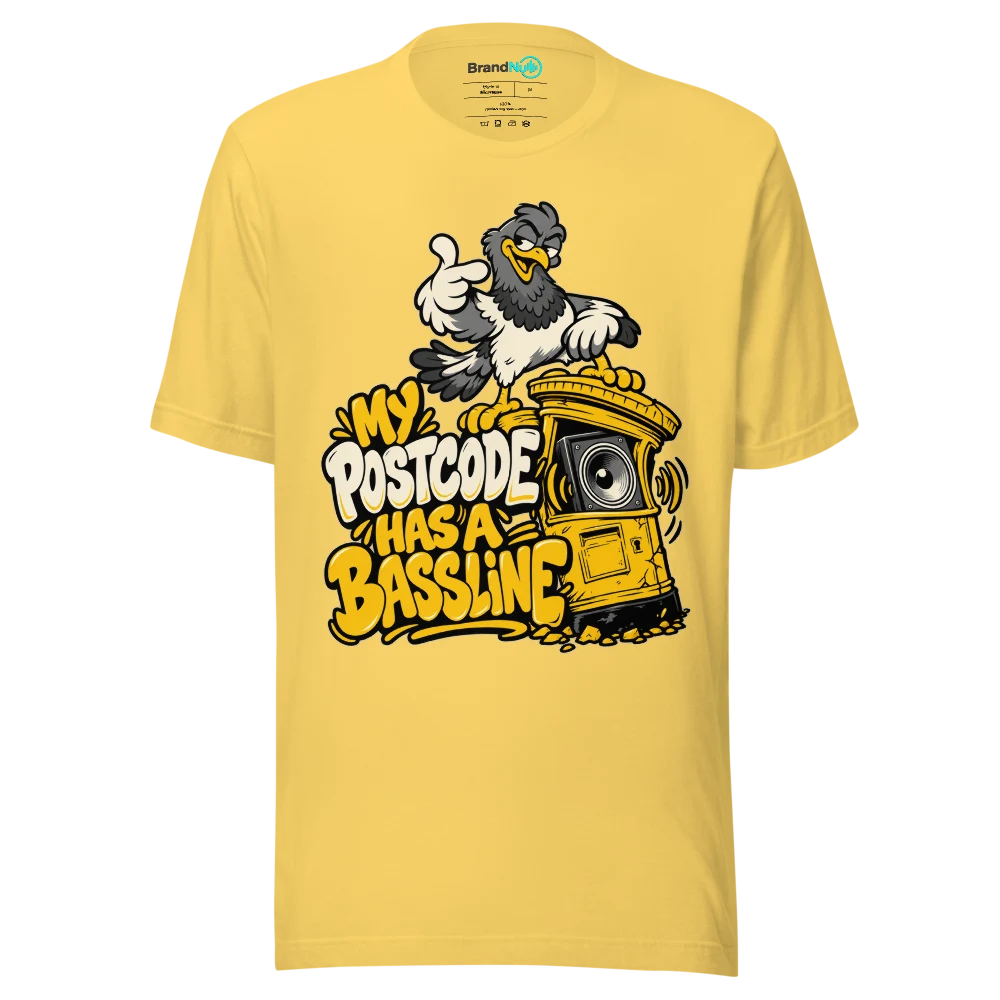 MY POSTCODE HAS A BASSLINE T Shirt Yellow Front