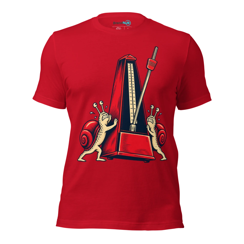 Two snails pushing one enormous metronome together T Shirt Red Front