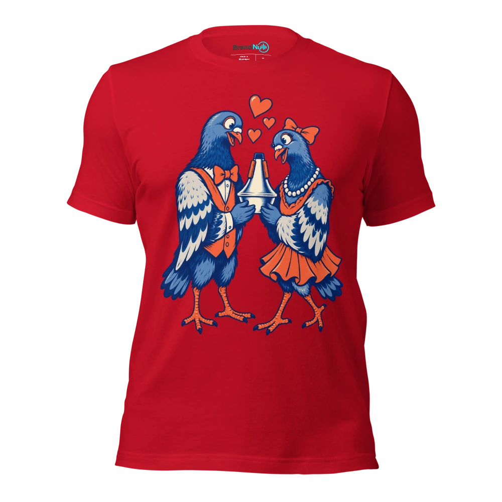 Two pigeons offering each other the same trumpet mute T Shirt Red Front