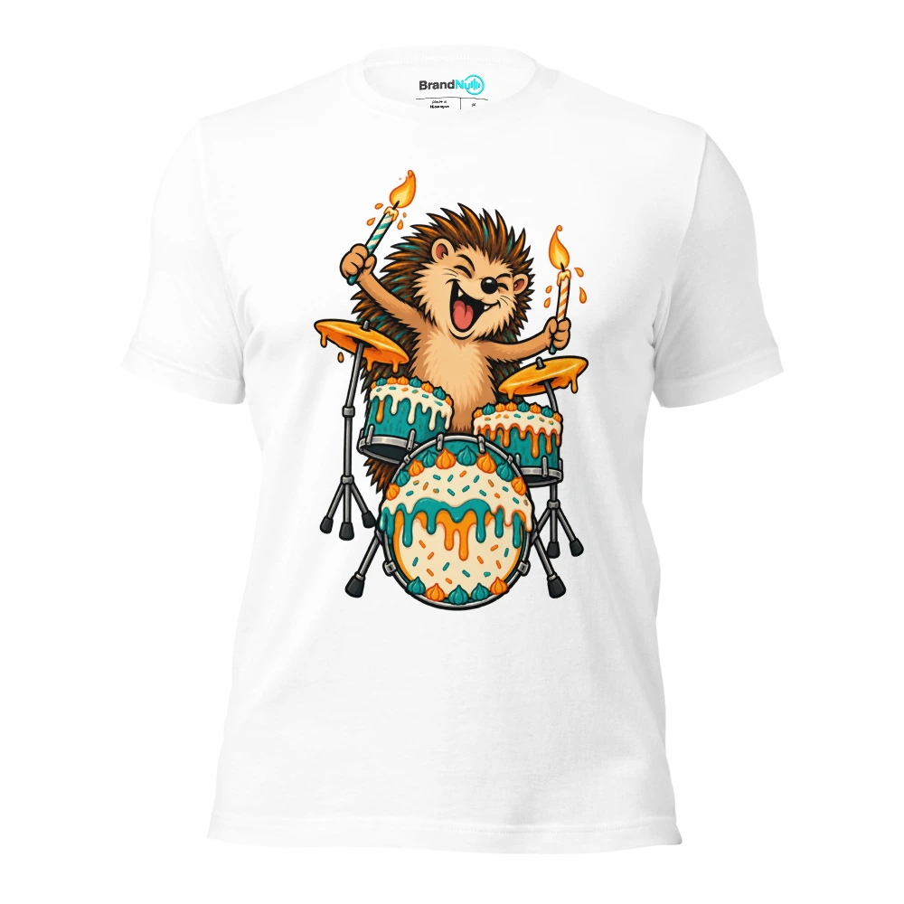 A hedgehog using birthday candles as tiny drumsticks T Shirt White Front