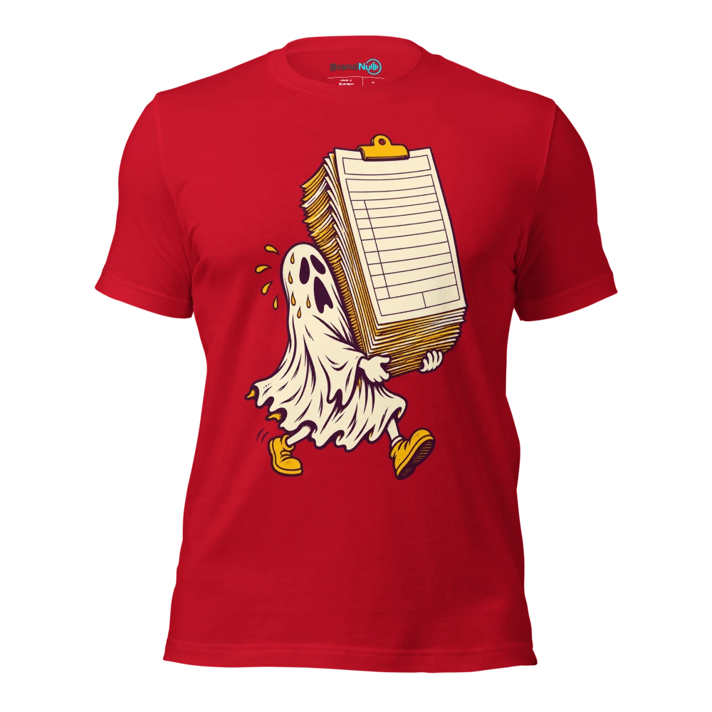Ghost carrying an enormous blank instrument insurance form T Shirt Red Front
