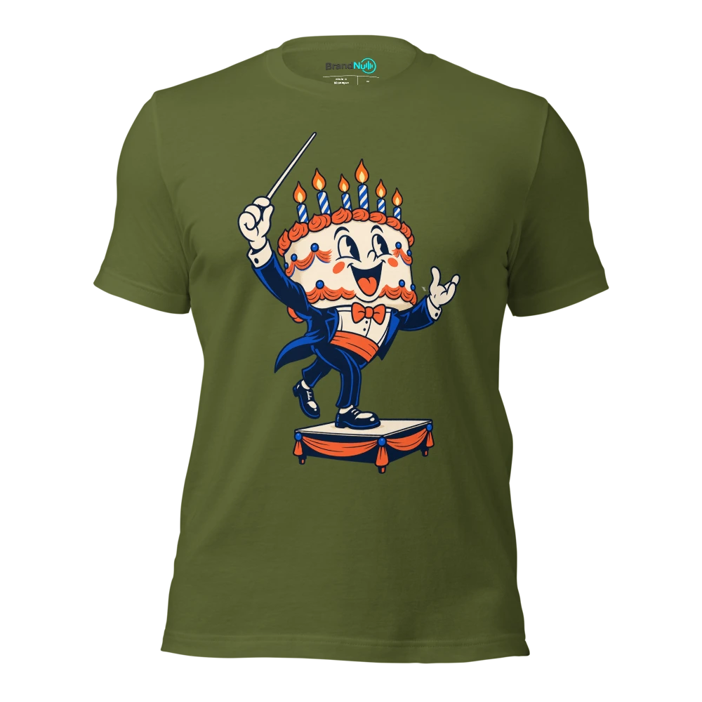 Cake mascot stepping onto a tiny conductor podium T Shirt Olive Front