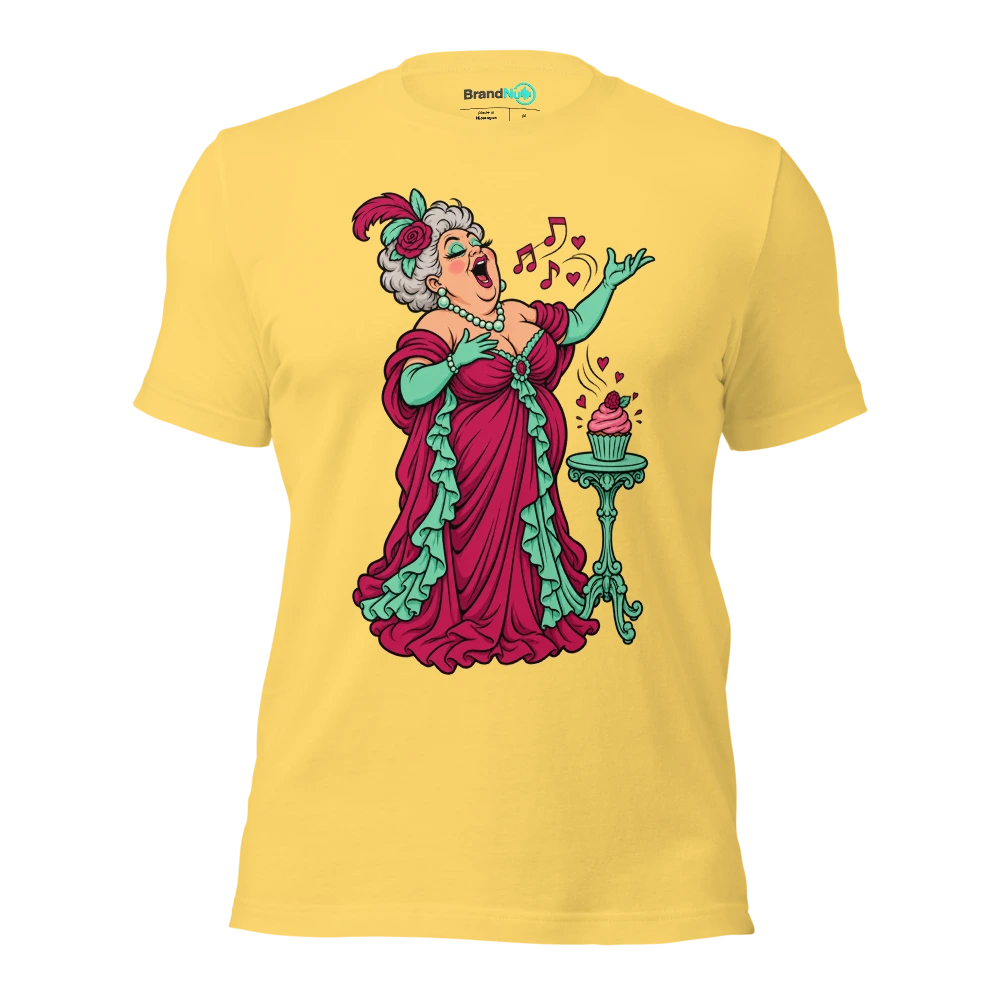 An elderly opera singer serenading a single cupcake T Shirt Yellow Front