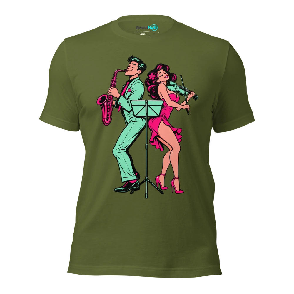 Couple sharing a music stand while facing opposite directions T Shirt Olive Front