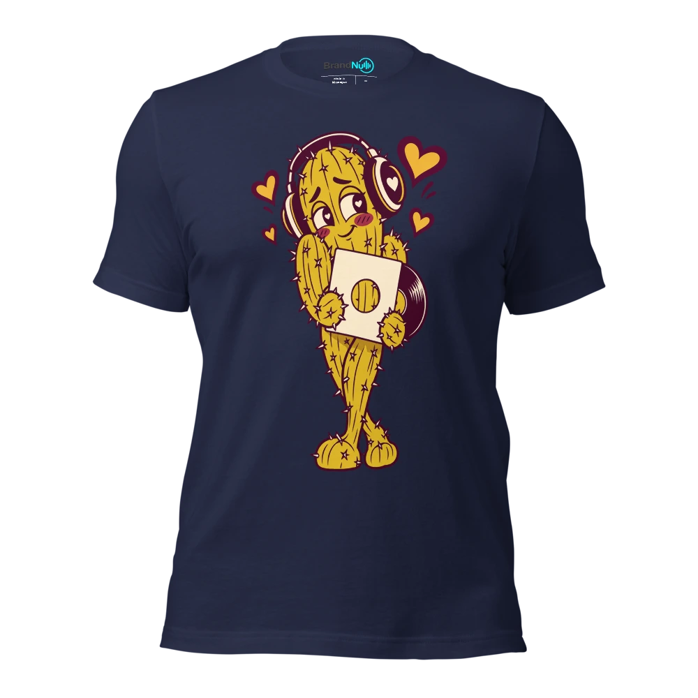 A bashful cactus wearing headphones and offering a blank record sleeve T Shirt Navy Front