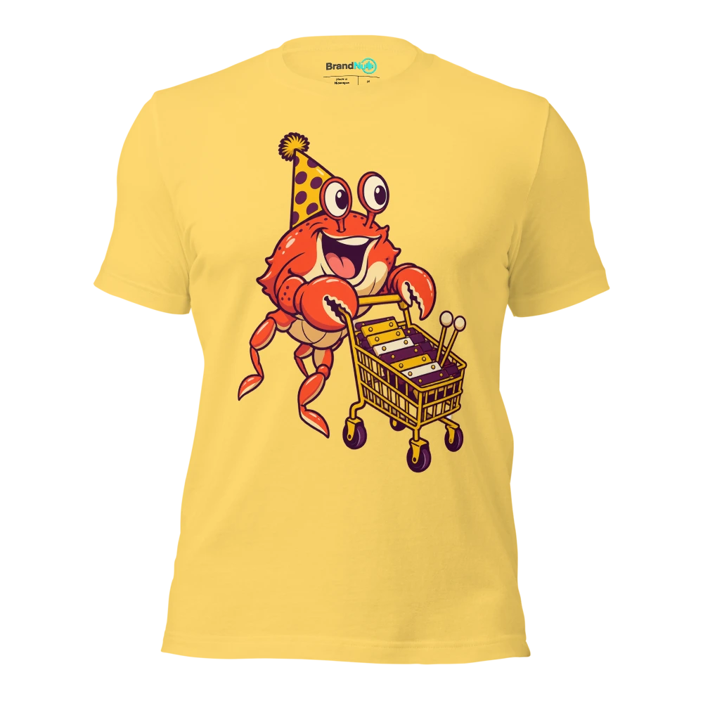 Birthday crab carrying a glockenspiel on a tiny shopping trolley T Shirt Yellow Front
