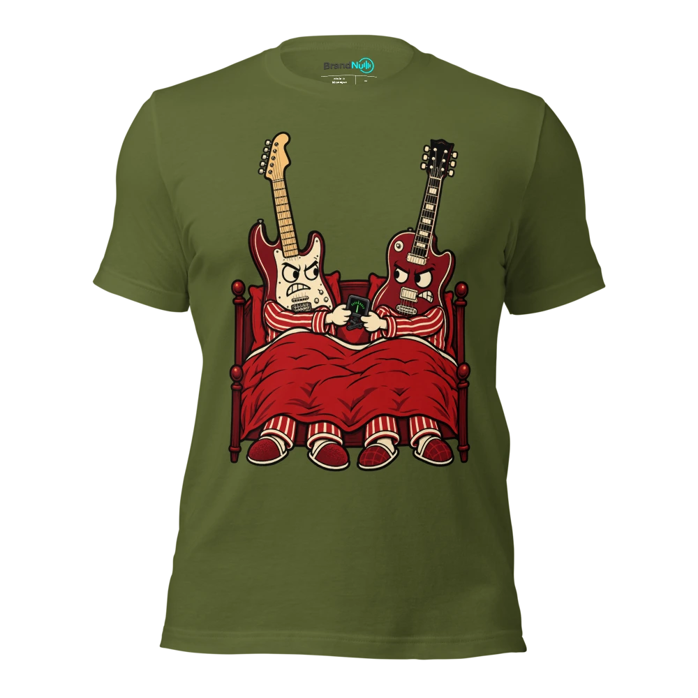 WE SHARE A BED NOT A GUITAR TUNER T Shirt Olive Front