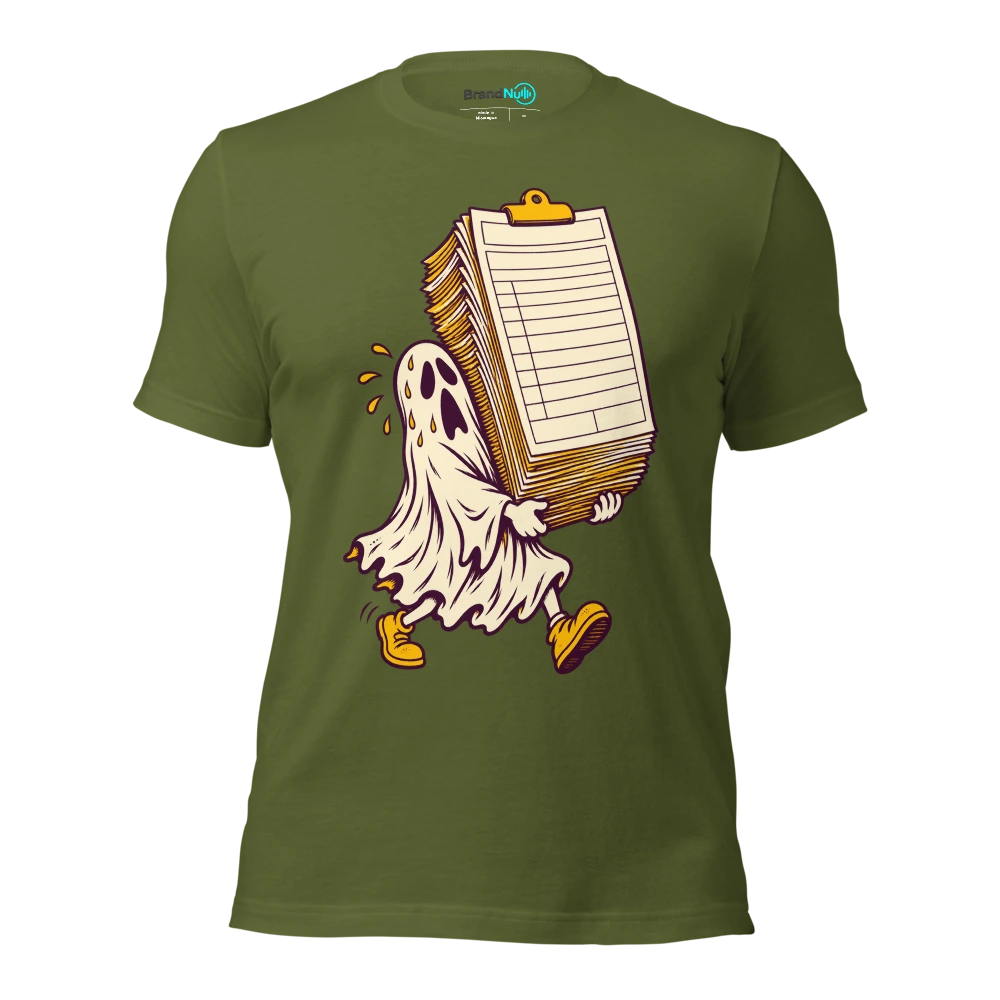 Ghost carrying an enormous blank instrument insurance form T Shirt Olive Front