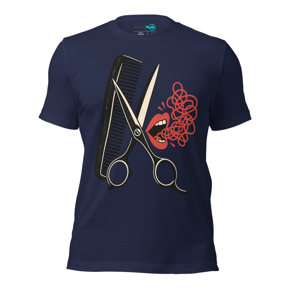 A haircut makes me feel BrandNu until I speak T Shirt Navy Front