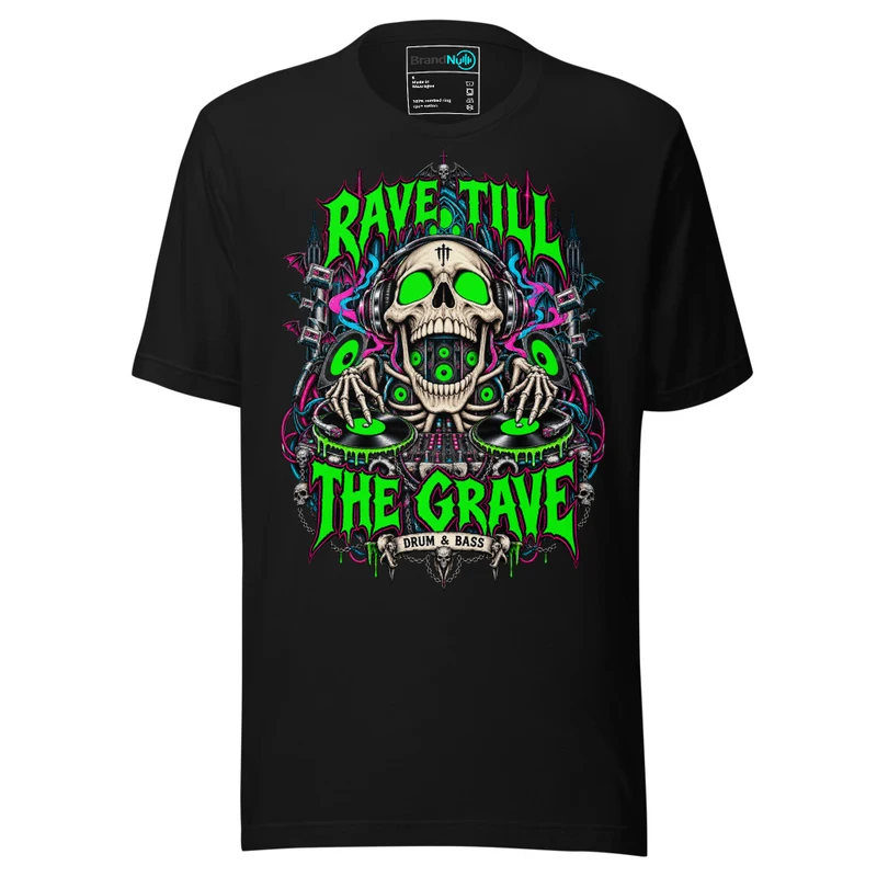 Rave Till The Grave Drum and Bass T Shirt DnB Skull Graphic Green Screen Black