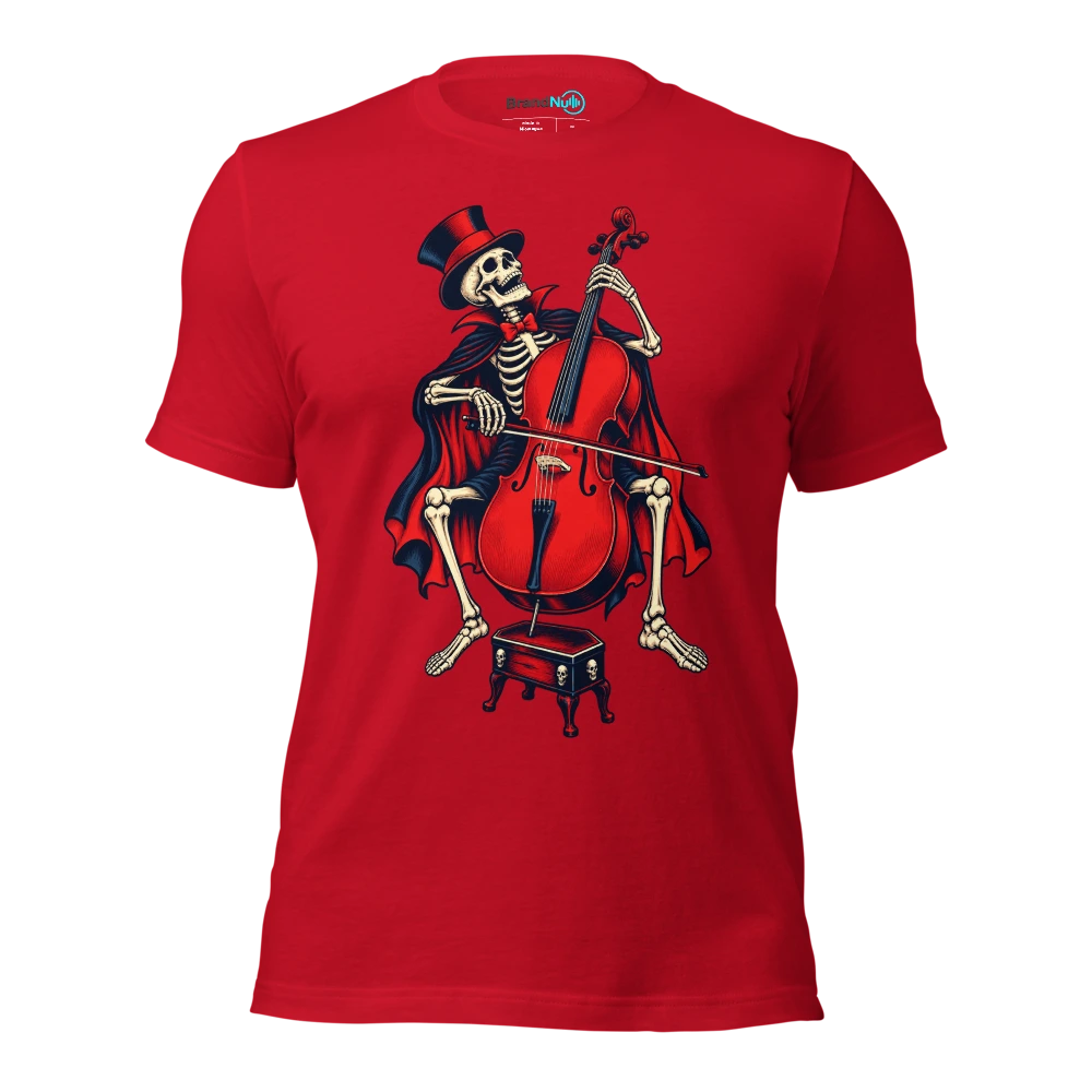 Skeleton balancing a cello on a tiny coffin stool T Shirt Red Front