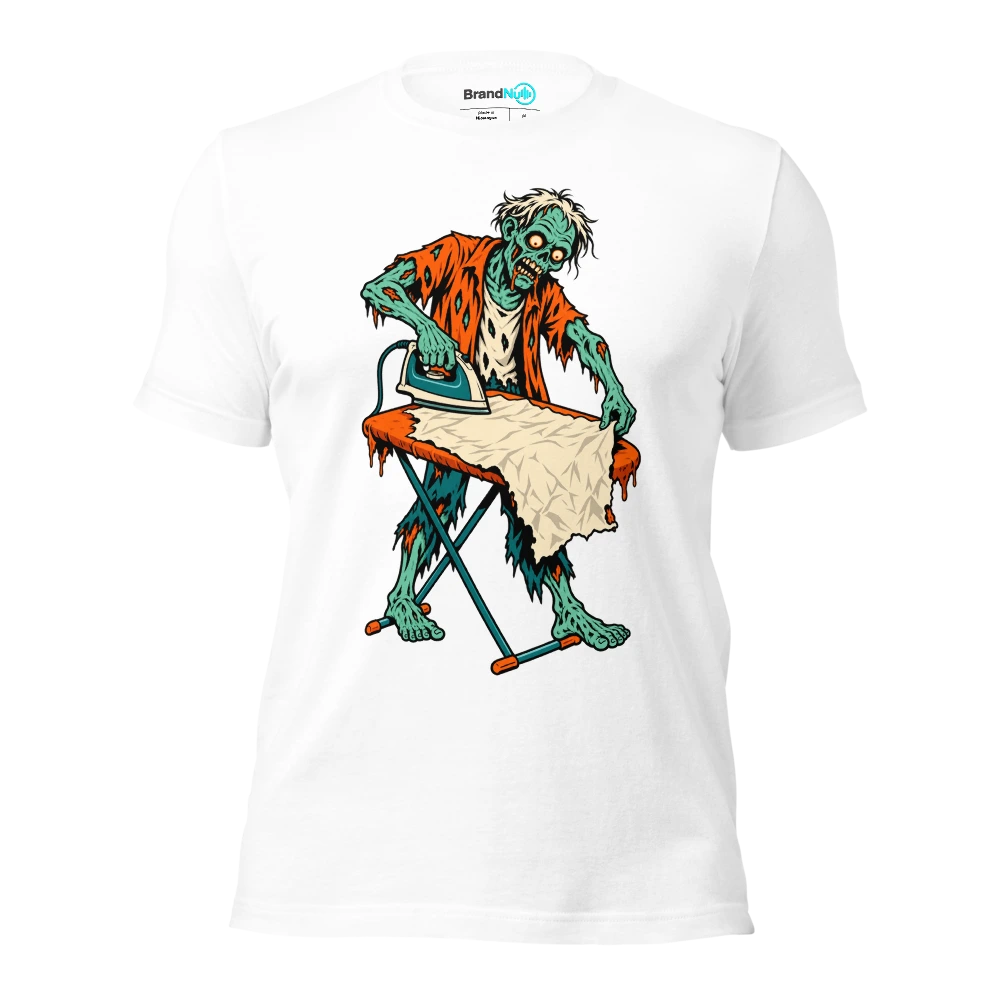 A zombie carefully ironing a crumpled blank gig poster T Shirt White Front