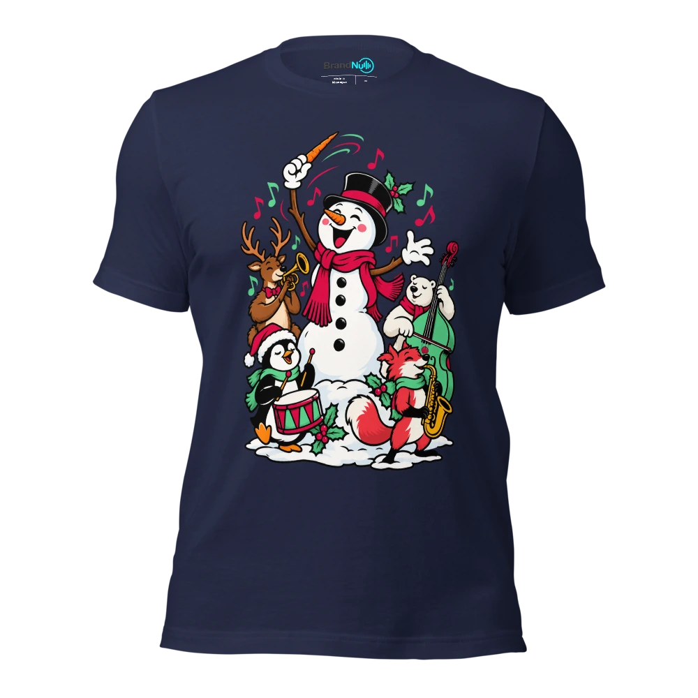 A snowman using a carrot as a conductor baton T Shirt Navy Front