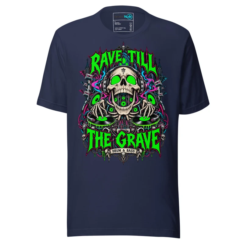 Rave Till The Grave Drum and Bass T Shirt DnB Skull Graphic Green Screen Navy