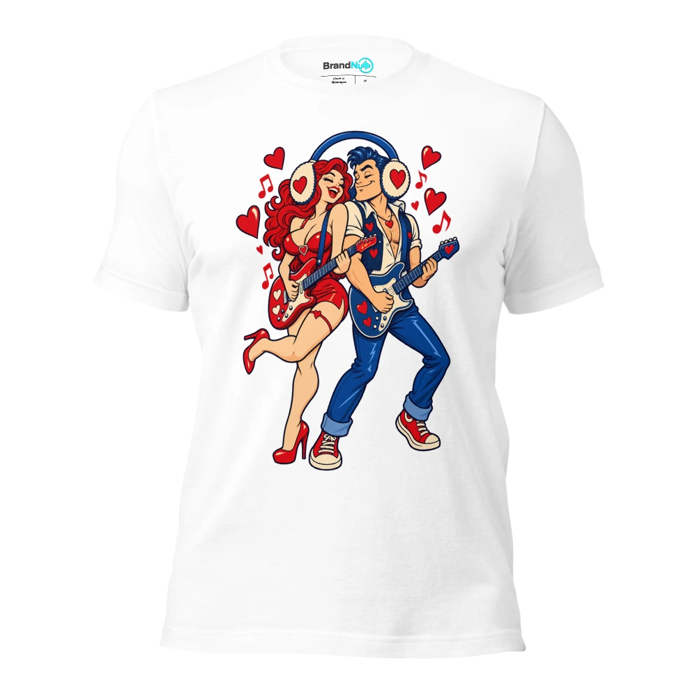 Two human musicians sharing an oversized pair of earmuffs T Shirt White Front