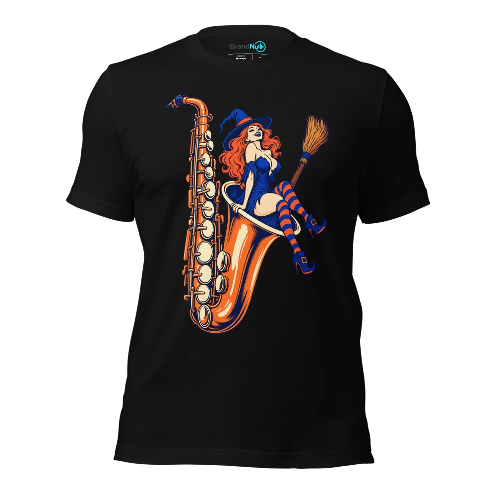 Witch broom parked inside an enormous saxophone bell T Shirt Black Front