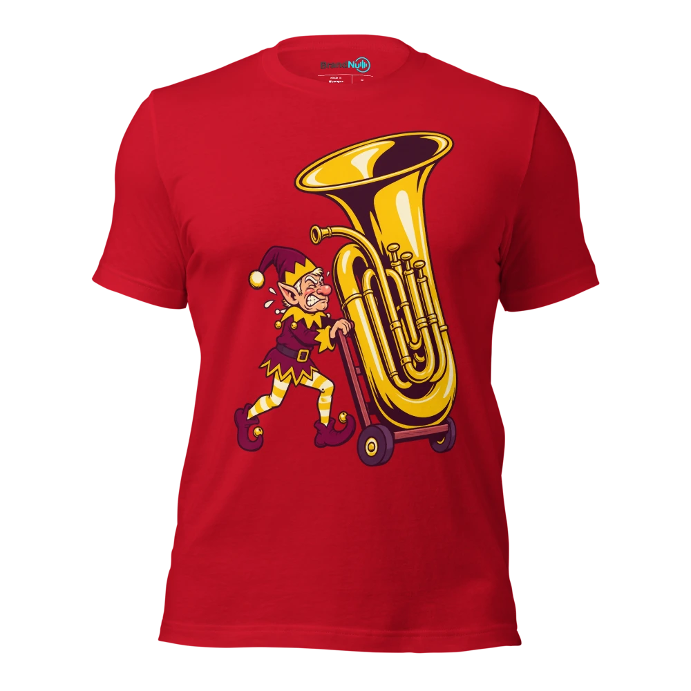 Elf pushing an enormous tuba on a toy trolley T Shirt Red Front