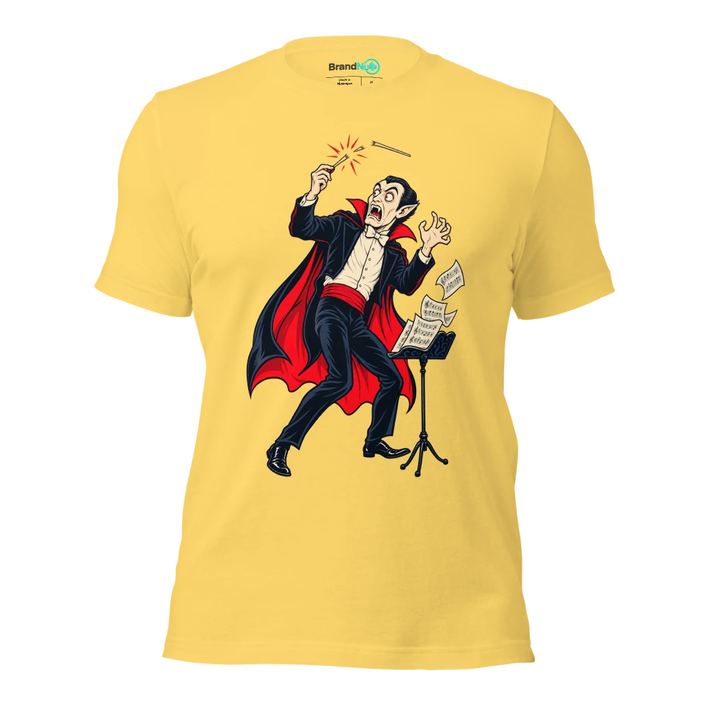 Vampire conductor startled by his own snapping baton T Shirt Yellow Front
