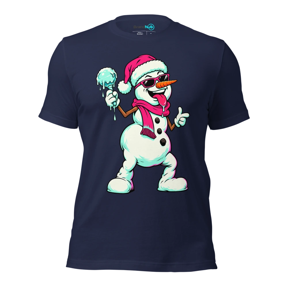 Snowman holding a single melting ice maraca T Shirt Navy Front