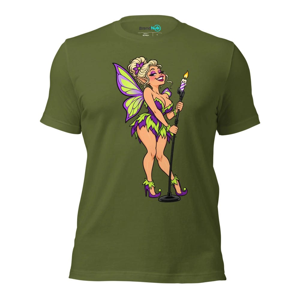 THE CAKE FAIRY HAS GIFT WRAPPED THE WRONG MIC T Shirt Olive Front