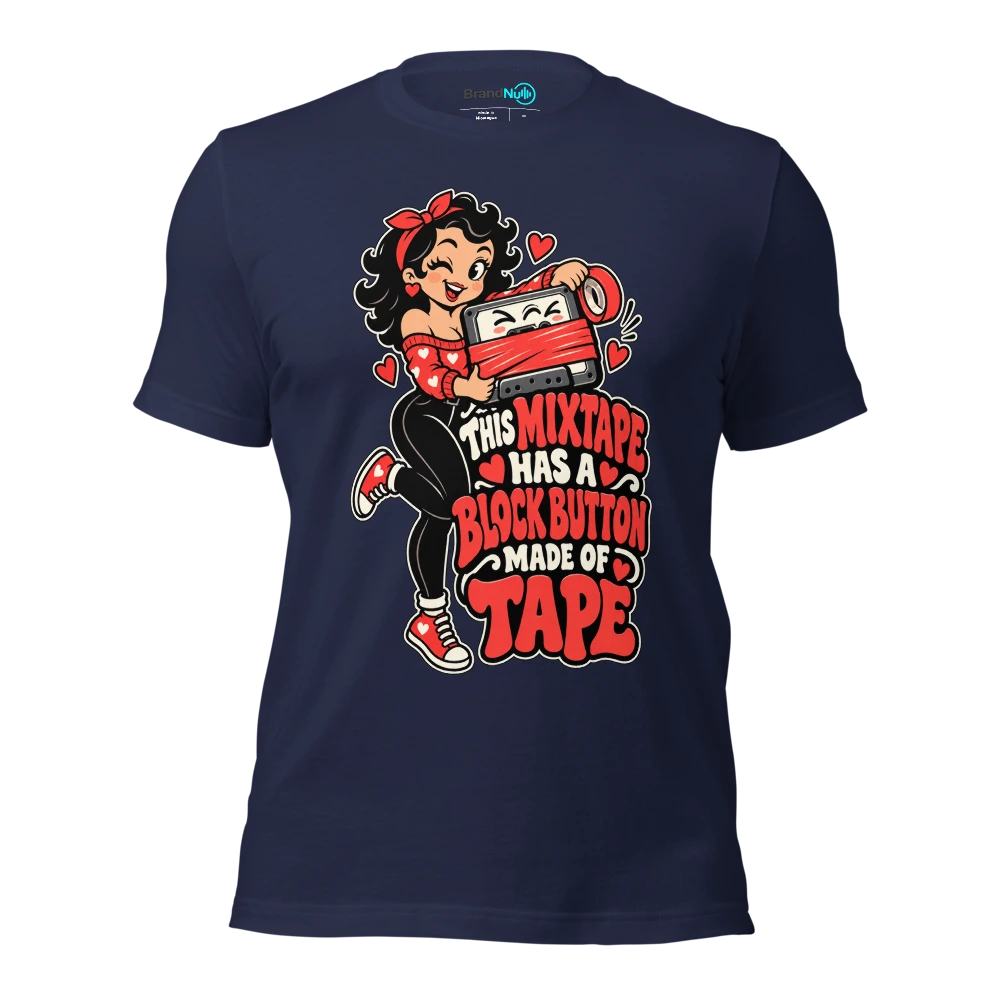 THIS MIXTAPE HAS A BLOCK BUTTON MADE OF TAPE T Shirt Navy Front