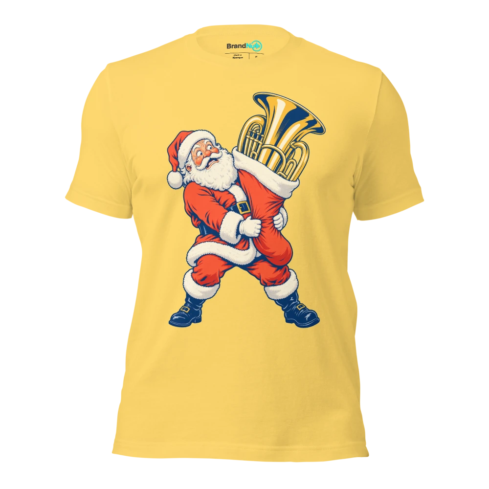Santa carrying a euphonium in a stocking too small for it T Shirt Yellow Front