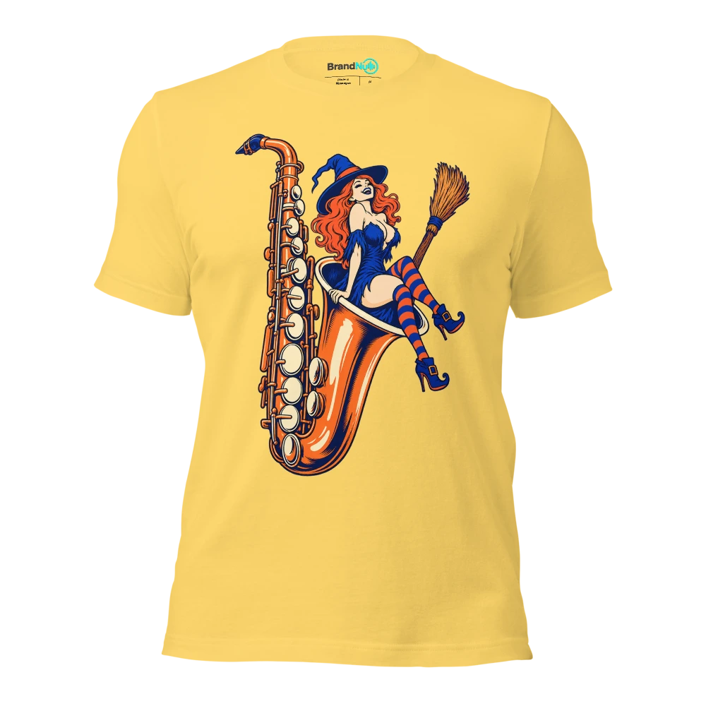 Witch broom parked inside an enormous saxophone bell T Shirt Yellow Front