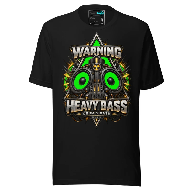 Warning Heavy Bass Drum and Bass T Shirt DnB Triangle Graphic Green Screen - Black
