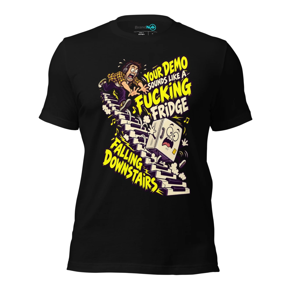 YOUR DEMO SOUNDS LIKE A FUCKING FRIDGE FALLING DOWNSTAIRS T Shirt Black Front