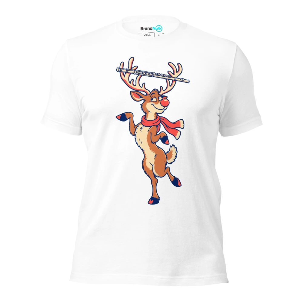 A reindeer balancing a delicate flute across its antlers T Shirt White Front