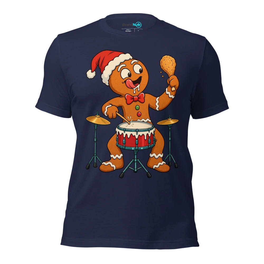 Gingerbread drummer staring at a drumstick shaped biscuit T Shirt Navy Front