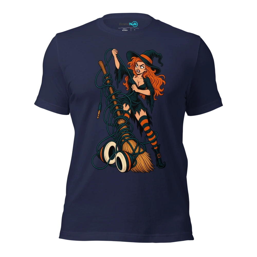 A witch untangling a broom from an enormous headphone cable T Shirt Navy Front