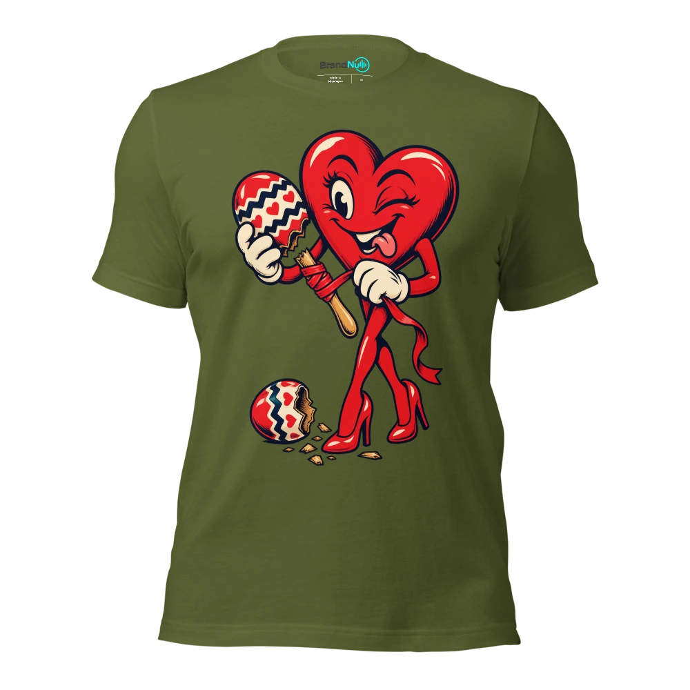 Heart mascot repairing a snapped maraca handle with ribbon T Shirt Olive Front
