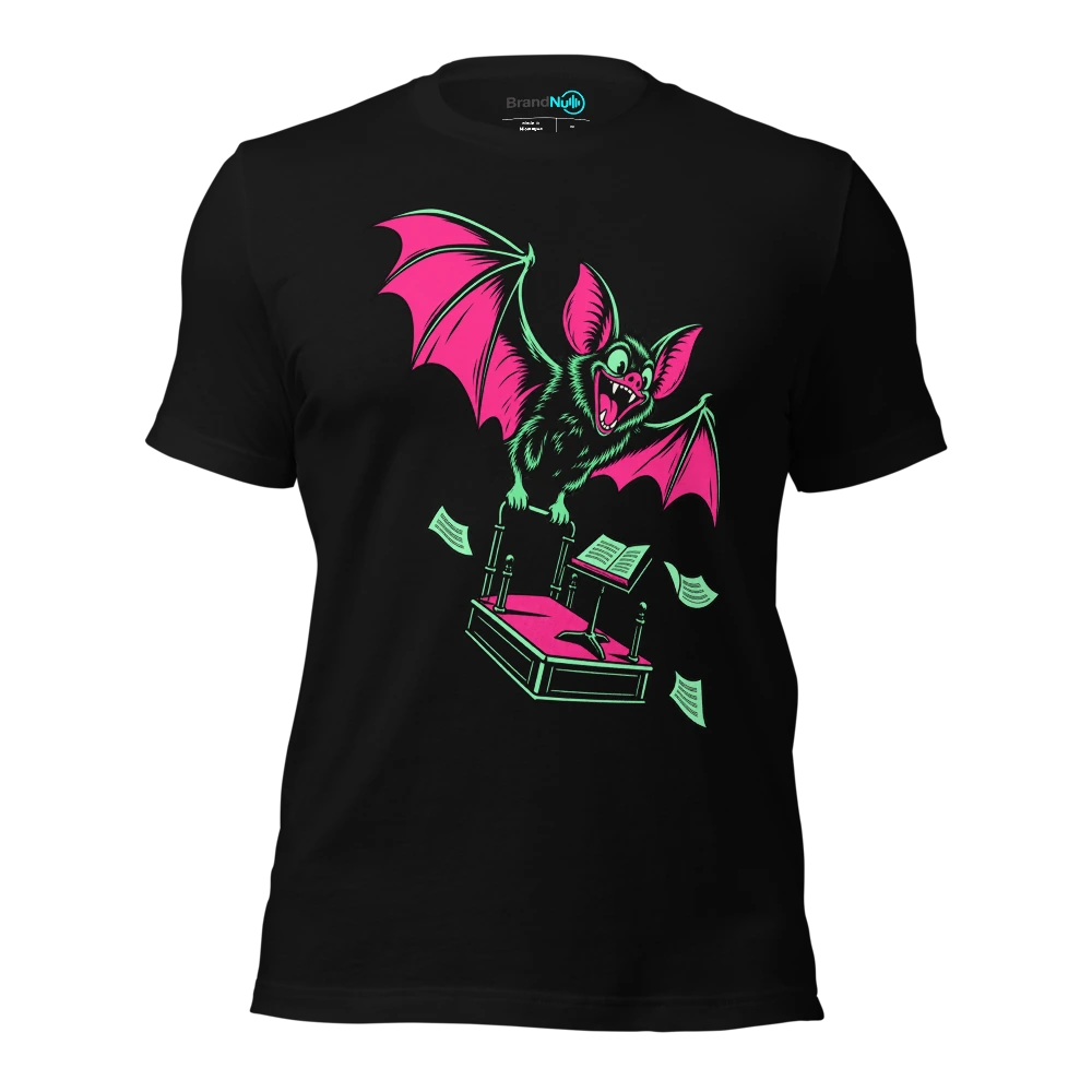 Bat carrying a miniature conductor podium by its handle T Shirt Black Front