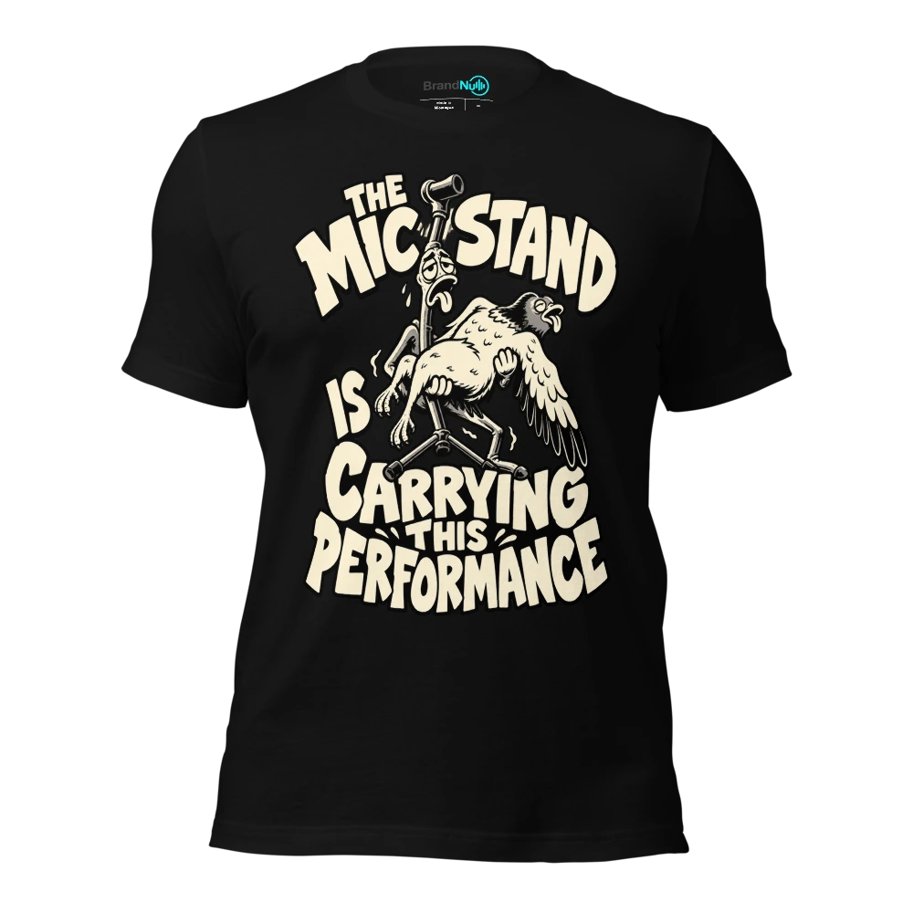 THE MIC STAND IS CARRYING THIS PERFORMANCE T-SHIRT