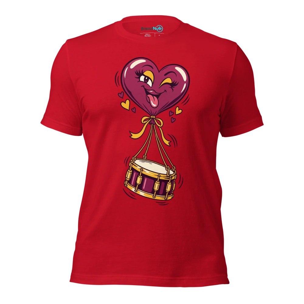 A heart shaped balloon lifting a miniature snare drum T Shirt Red Front